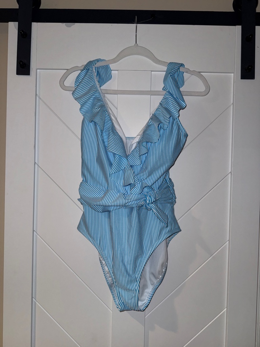 Lilly Pulitzer Blue and White Striped Ruffle One-Piece Swimsuit